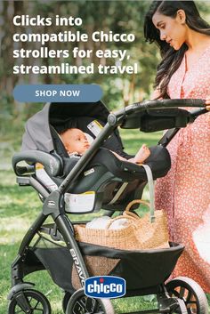 a woman pushing a baby in a stroller with the caption clicks into compatible chicago strollers for easy, streamlined travel