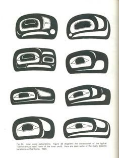 an old black and white book with different designs on the pages, including totems