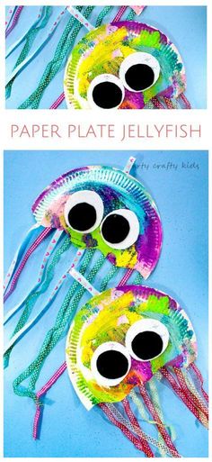 paper plate jellyfish craft for kids with googly eyes and long tentacles to make them look like they are floating in the water