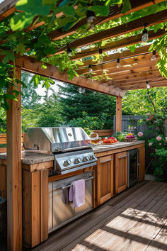 30+ Rustic Outdoor Kitchen Designs for Quaint Outdoor Cooking Barbecue Patio Ideas, Backyard Kitchen With Pergola, Home Made Outdoor Kitchen, Outdoor Cedar Kitchen, Grill In Garden, Tropical Outdoor Kitchen Ideas, Diy Outdoor Kitchen And Bar, Outdoor Kitchen Pergola Backyard Patio, Outdoor Kitchen Metal Roof