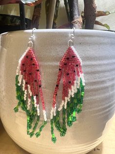 Fun watermelon beaded earrings! Casual Handmade Beaded Dangle Earrings, Casual Beaded Dangle Jewelry, Handmade Casual Beaded Earrings, Casual Handmade Beaded Earrings, Summer Beaded Teardrop Jewelry, Large Beaded Drop Earrings For Summer, Summer Large Beaded Earrings, Unique Summer Jewelry With Colorful Beads, Unique Colorful Beaded Jewelry For Summer