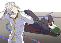 an anime character laying on the ground with his head in his hands while another person holds their hand to his ear