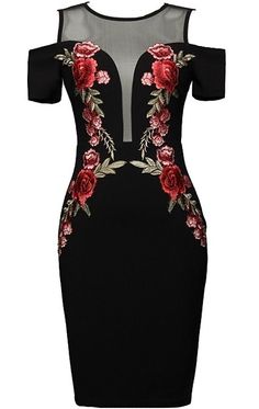 Dolce Vita Dress: Features a plunging illusion neckline, cold-shoulder cut teamed with tight cap sleeves, spellbinding geometric floral patch trailing down the sides, and an exposed rear zipper to finish. Applique Dresses, Floral Applique Dress, Open Shoulder Dress, Shoulder Dresses, Plunge Dress, Special Dresses, Makeover Ideas