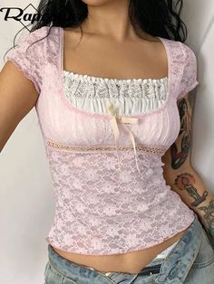 Women&#039;s Trim Crop Lace Tops Pink Lace Crop Top, Pink Lace Shorts, Crop Top Camisole, Slim Fit Crop Top, Lace Short Sleeve Top, Y2k Pink, Korean Fashion Women, Pink Trim, Cropped Tops