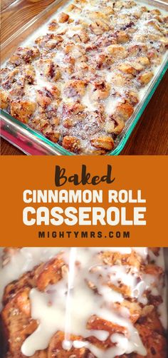 baked cinnamon roll casserole with white icing on top