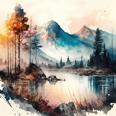 watercolor painting of mountains and trees with lake in foreground