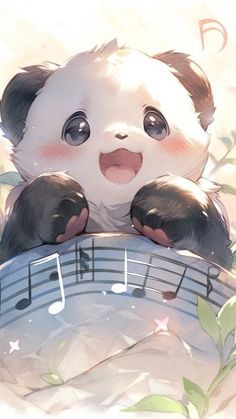 a little panda bear sitting on top of a sheet with musical notes in it's paws