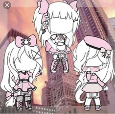 three cartoon girls standing next to each other in front of tall buildings