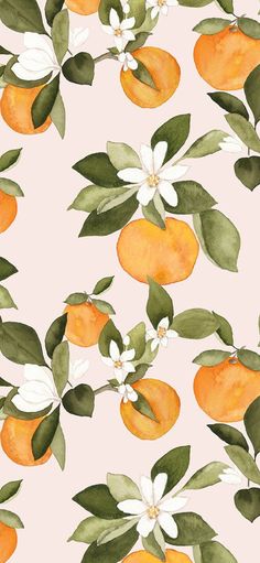 an orange tree with white flowers and green leaves on a pink background is featured in this watercolor painting