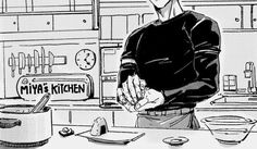 a black and white drawing of a man in the kitchen