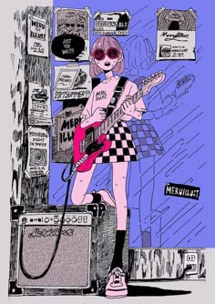 a drawing of a girl playing the guitar in front of a microphone and amps