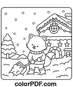 a coloring page with a cat in front of a christmas house and snowflakes