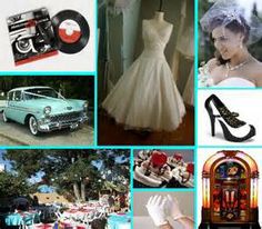 a collage of wedding pictures including an old fashion car, record player and dress