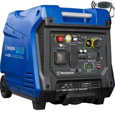 a blue and black portable generator on wheels with the words westinghouse written on it