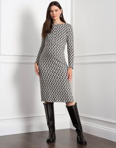 Geo print, knitted, knit dress, jacquard, bodycon, long sleeve, boat neck, top stitching, lift up nursing, nursing, nursing dress, midi, midi dress, side slits, geometric, print, black, white, nigella Knit Bodycon Dress With Long Sleeves, Elegant Jacquard Knit Midi Dress, Chic Jacquard Knit Formal Dress, Chic Formal Jacquard Knit Dress, Knee-length Knit Dress For Work, Knit Midi Dress For Work, Elegant Jacquard Knit Fall Dresses, Fitted Jacquard Knit Knee-length Dress, Formal Fitted Jacquard Knit Dress