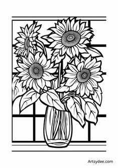 a vase filled with sunflowers sitting on top of a window sill next to a