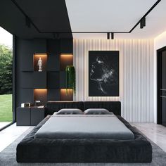 a modern bedroom with black and white decor