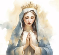 a painting of the virgin mary holding her hands together and wearing a crown on top of her head