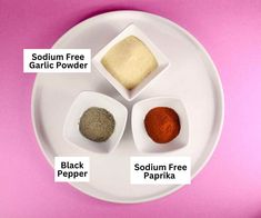 four different types of spices on a white plate