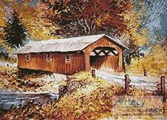 a painting of a covered bridge in the fall