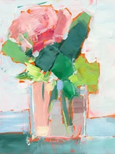 an abstract painting of pink roses in a vase