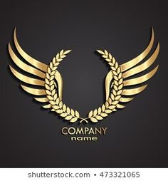 golden laurel logo on black background with copy space for your company or business name - stock photo