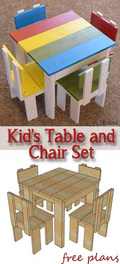 the kids table and chair set is made out of pallet wood with different colors