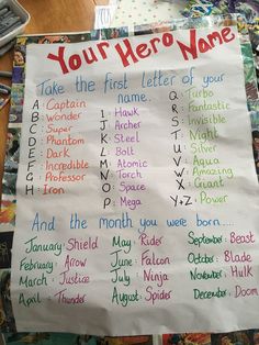 a paper sign that says your hero name