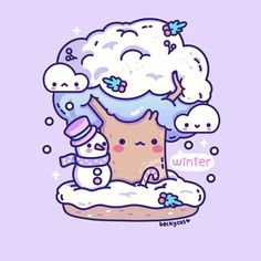 a cartoon character with clouds and snowmen on it's head in the air