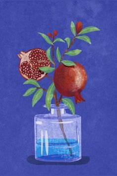 a painting of pomegranates and leaves in a vase with blue water