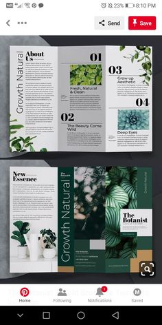 an open brochure with green plants on the front and back pages, which are also