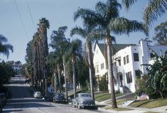 an old car is parked on the street in front of some palm trees and houses