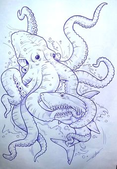 an octopus and other animals are depicted in this drawing