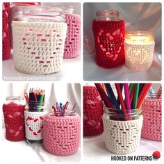 crocheted mason jars with pencils, markers and pens are shown in four different pictures