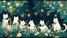 three white cats are playing saxophone in the grass with flowers and lights strung above them