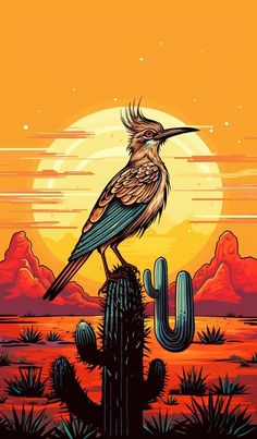 a bird sitting on top of a cactus in front of a sunset with the sun behind it