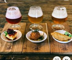 four different types of food and drinks on wooden trays