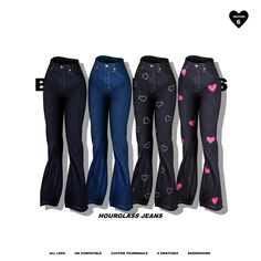 four jeans with hearts on them are shown in three different colors and sizes, one is blue