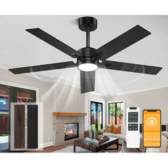 a living room with a ceiling fan and remote controls