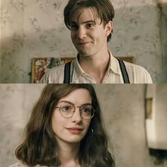 two pictures of a man and woman with glasses, one is looking at the camera