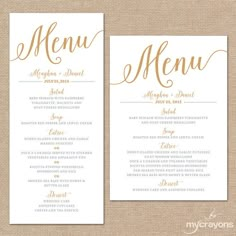 wedding menus with gold foil lettering on the front and back of each menu card