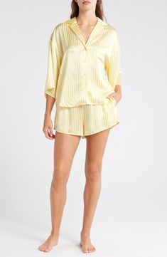 These silk pajamas are thermoregulating, breathable and the secret to a great night's sleep—but the best part is that they can go in the washing machine. The slightly cropped button-up top pairs perfectly with the matching elastic-waist shorts. 27" top front length; 3" inseam; 32" leg opening;, 13 1/2" front rise; 16 1/2" back rise (size Medium) Top has notched collar; elbow-length sleeves; chest patch pocket Shorts have elastic/drawstring waist 100% silk Hand wash, dry flat Imported Silk Sleepwear For Pajama Party, Spring Silk Sleepwear In Relaxed Fit, Spring Silk Sleepwear With Relaxed Fit, Silk Sleepwear For Summer Lounging, Summer Silk Daywear Sets, Summer Silk Sets For Daywear, Silk Summer Sets For Daywear, Silk Sleepwear For Loungewear In Relaxed Fit, Silk Sleepwear Relaxed Fit For Loungewear