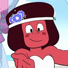 a cartoon character is holding something in her hand and wearing a hat with flowers on it