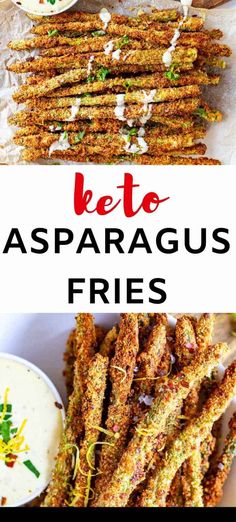 keto asparagus fries on a plate with dipping sauce