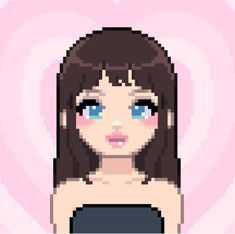 a pixel art girl with blue eyes and brown hair, wearing a black dress in front of a pink background