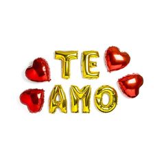 the word te amo spelled out in gold foil with red heart balloons on white background