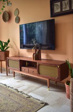 a flat screen tv sitting on top of a wooden entertainment center next to potted plants