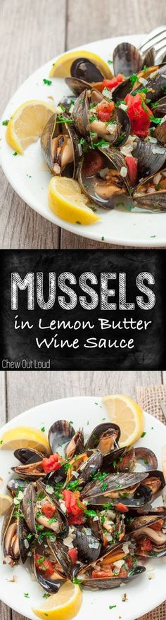 mussels in lemon butter and wine sauce on a white plate