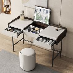 a white desk with drawers underneath it