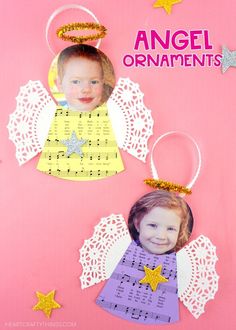 an angel ornament is hanging on a pink background with gold stars and other decorations